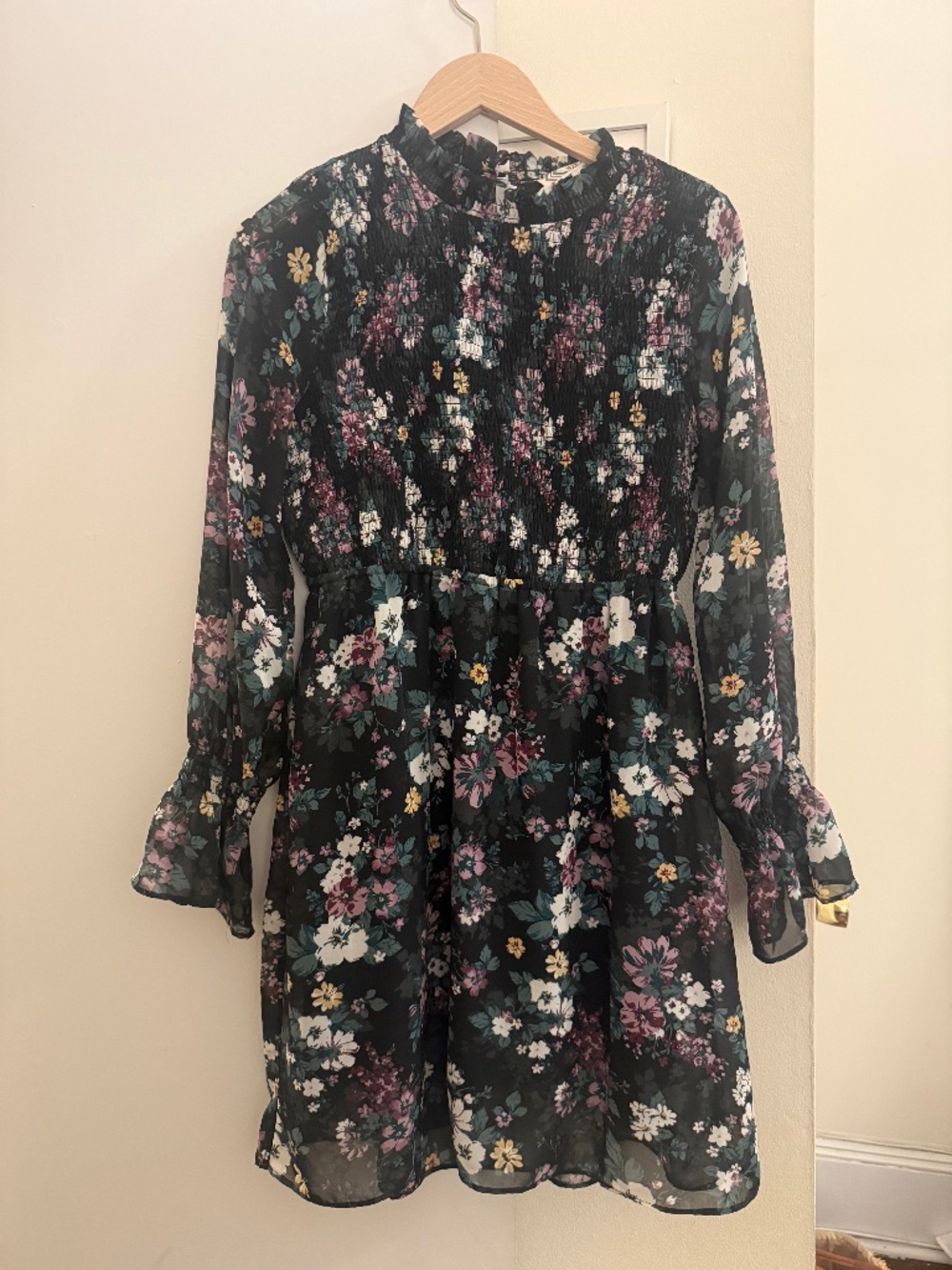 Pink Rose Long-Sleeve Midi Dress, L